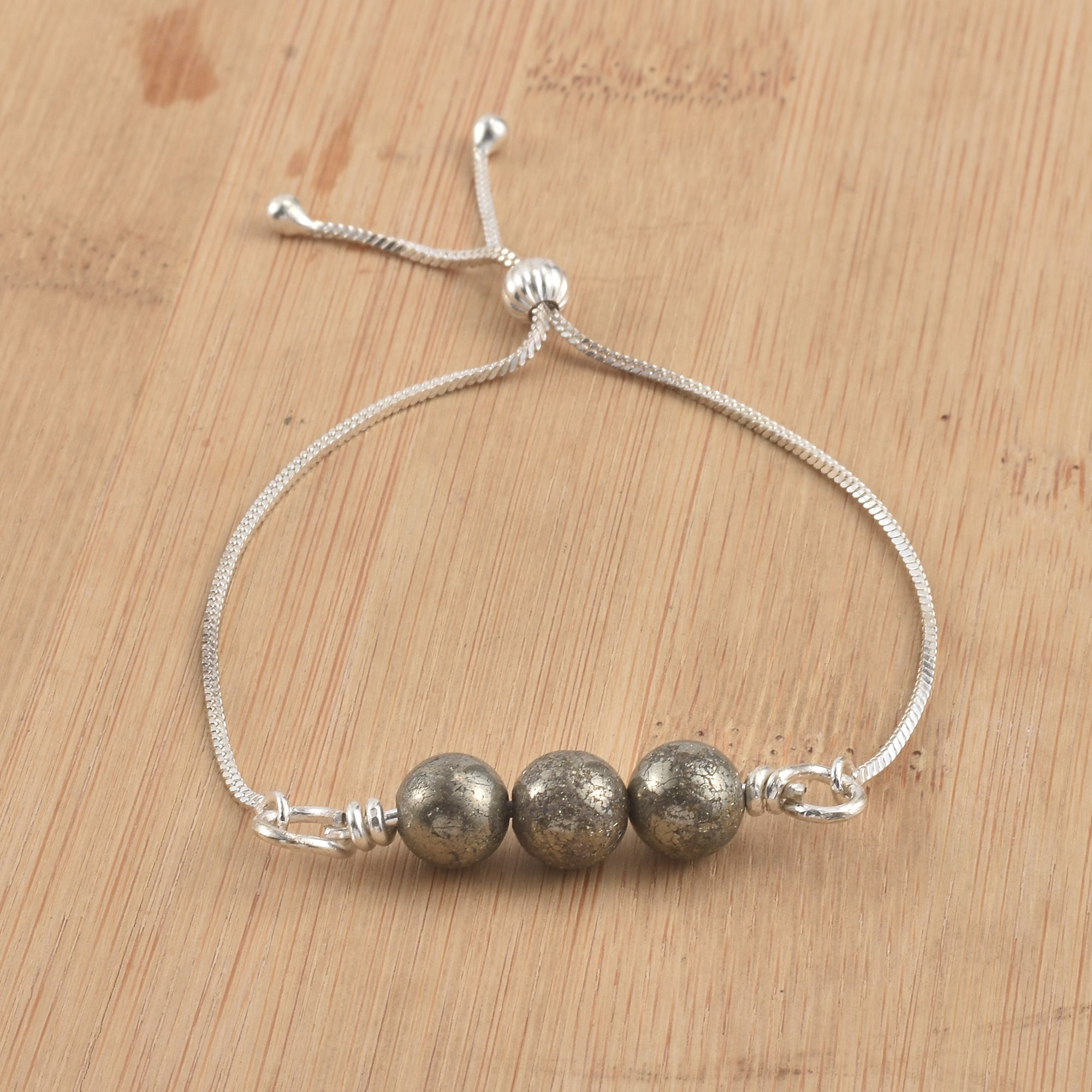 925 Sterling Silver Adjustable Pyrite Bead Slider Bracelet