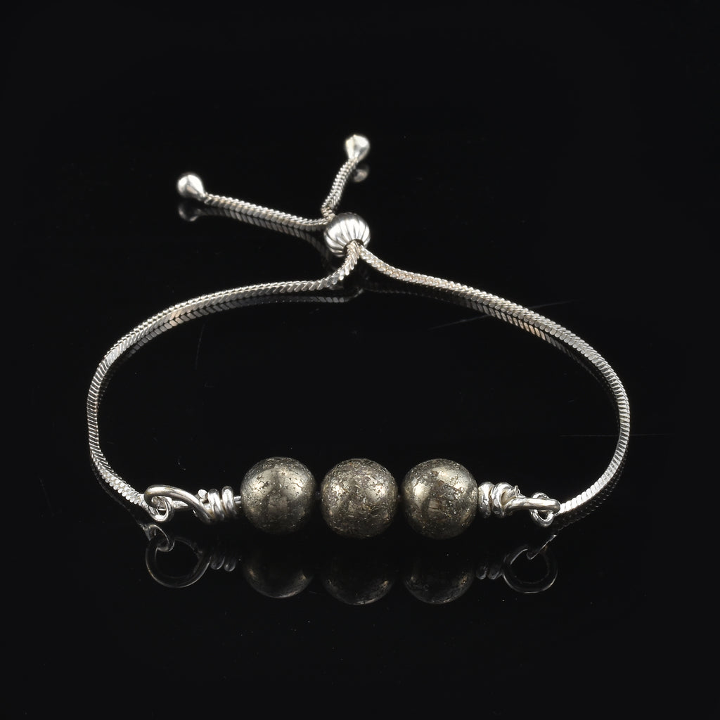 925 Sterling Silver Adjustable Pyrite Bead Slider Bracelet