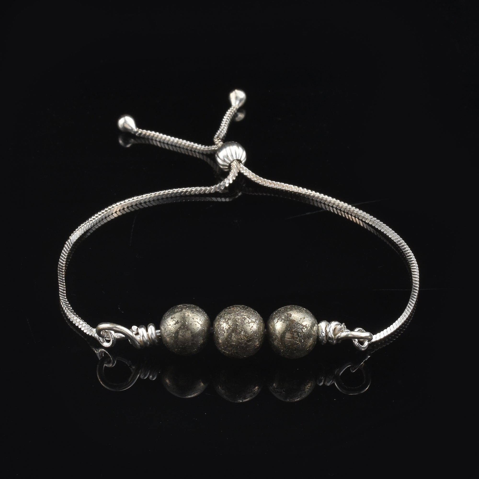 925 Sterling Silver Adjustable Pyrite Bead Slider Bracelet