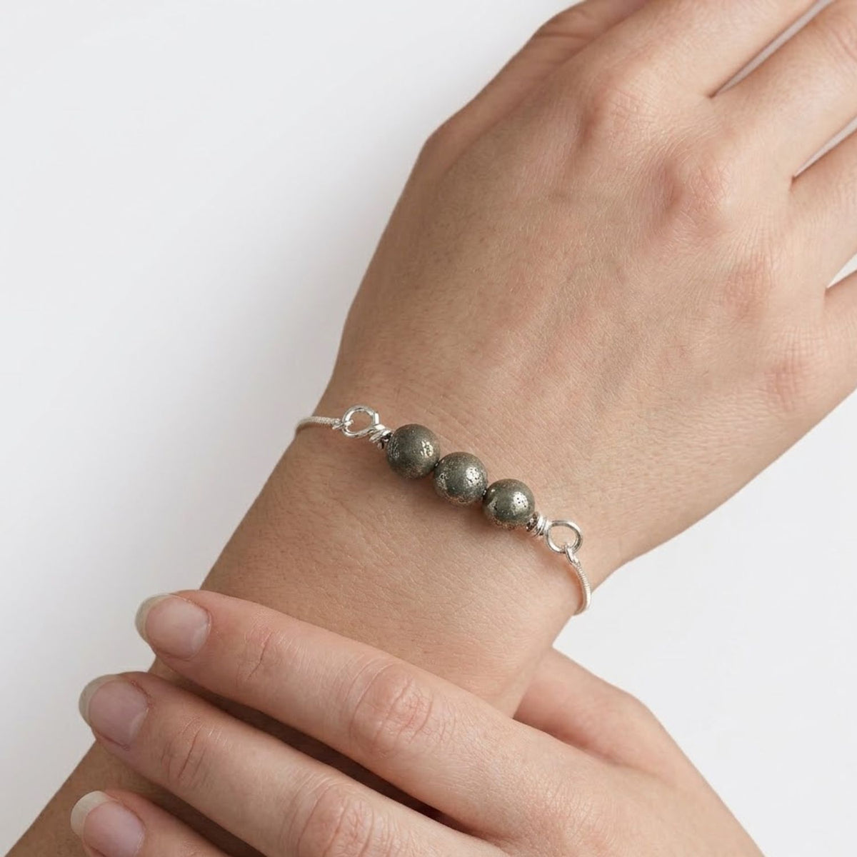 Adjustable Slider Demifine Bracelet with Triple Pyrite Beads – Silver Finish