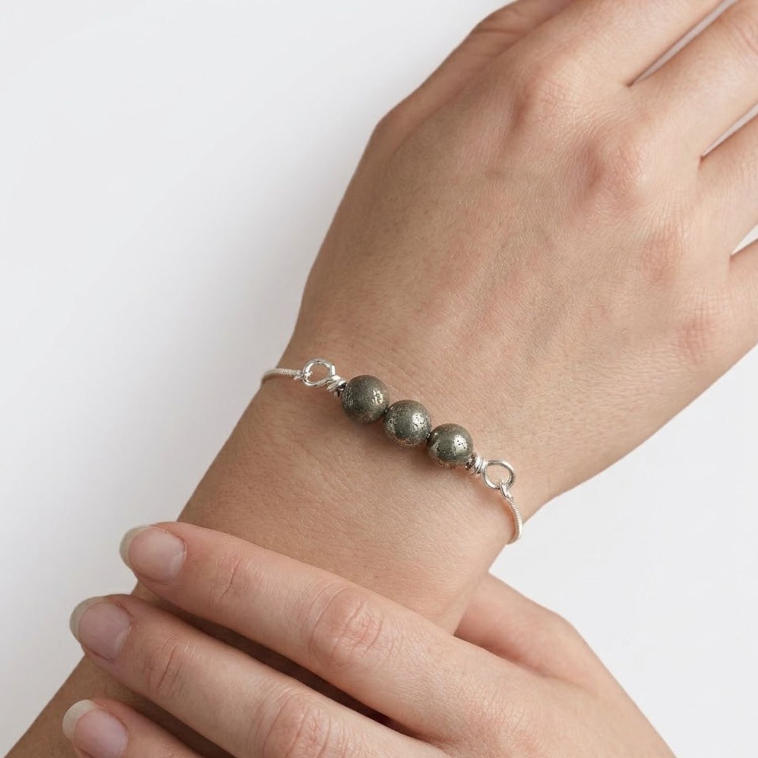 925 Sterling Silver Adjustable Pyrite Bead Slider Bracelet