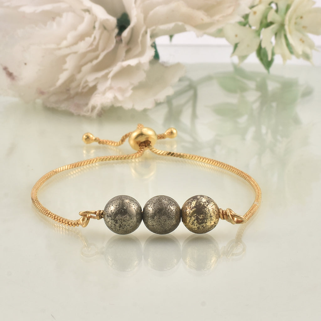 925 Sterling Silver Gold Plated Adjustable Triple Pyrite Gemstone Slider Bracelet