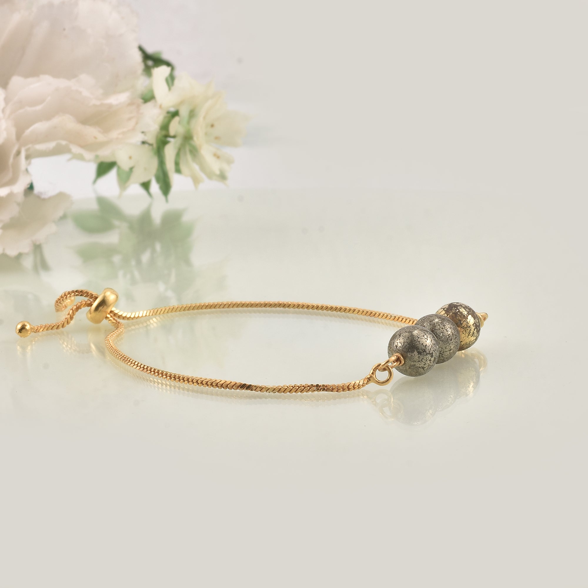 925 Sterling Silver Gold Plated Adjustable Triple Pyrite Gemstone Slider Bracelet
