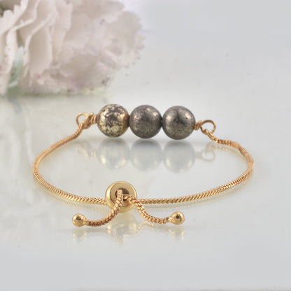 Adjustable Slider Demifine Bracelet with Triple Pyrite Beads – Gold Finish