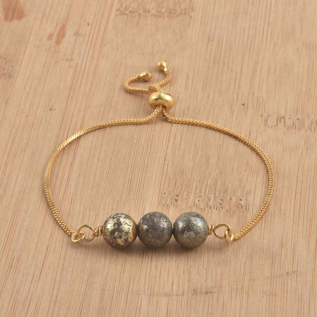 925 Sterling Silver Gold Plated Adjustable Triple Pyrite Gemstone Slider Bracelet