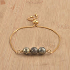 925 Sterling Silver Gold Plated Adjustable Triple Pyrite Gemstone Slider Bracelet