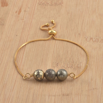 Adjustable Slider Demifine Bracelet with Triple Pyrite Beads – Gold Finish
