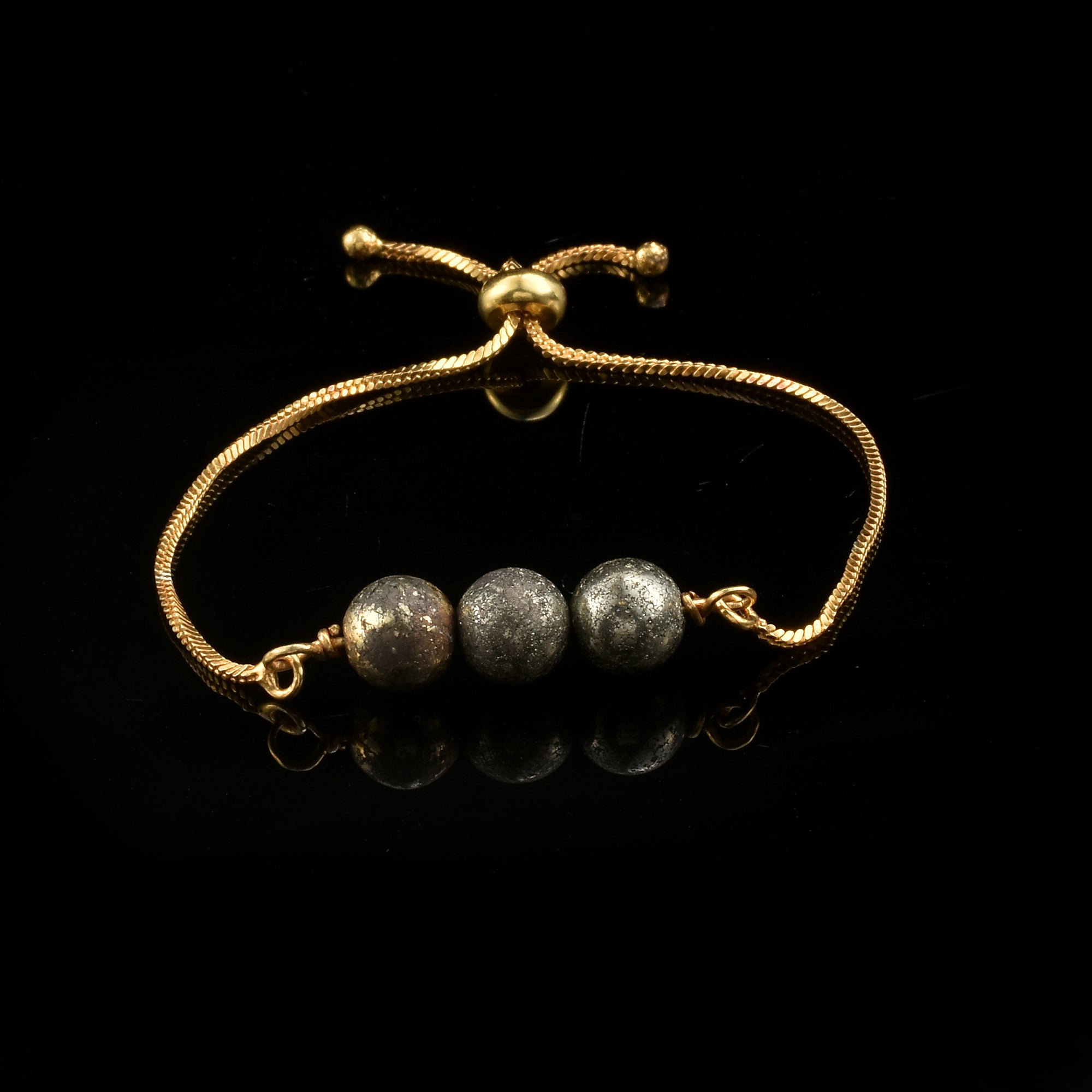 925 Sterling Silver Gold Plated Adjustable Triple Pyrite Gemstone Slider Bracelet