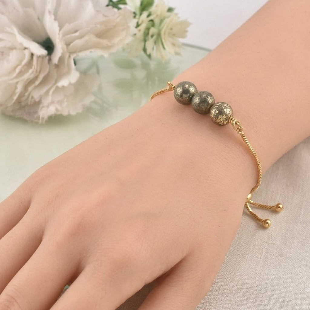 925 Sterling Silver Gold Plated Adjustable Triple Pyrite Gemstone Slider Bracelet