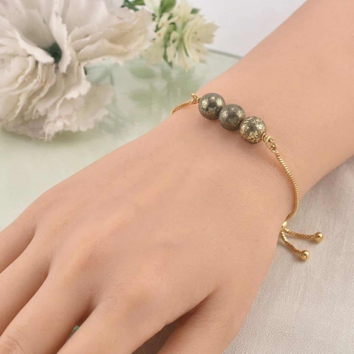 Adjustable Slider Demifine Bracelet with Triple Pyrite Beads – Gold Finish