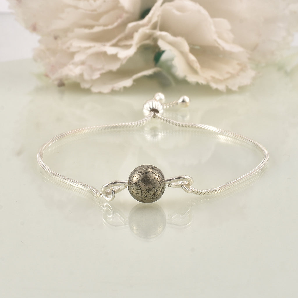 925 Sterling Silver Adjustable Single Pyrite Gemstone Slider Bracelet