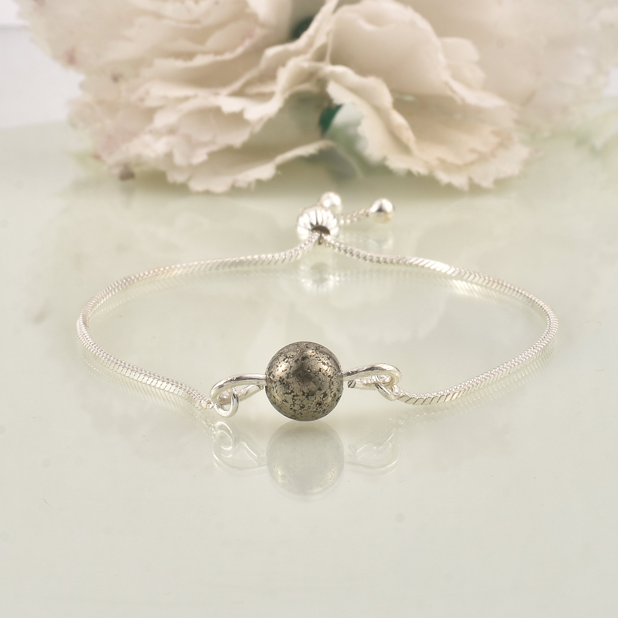 925 Sterling Silver Adjustable Single Pyrite Gemstone Slider Bracelet
