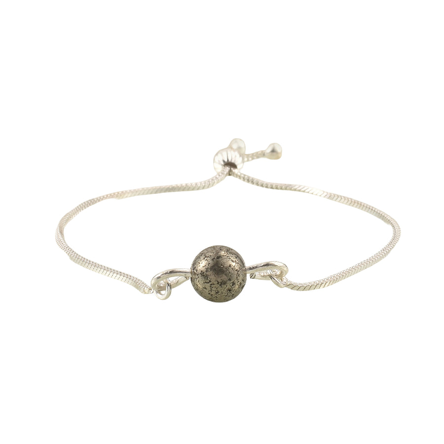 Adjustable Slider Demifine Bracelet with Single Pyrite Bead – Silver Finish