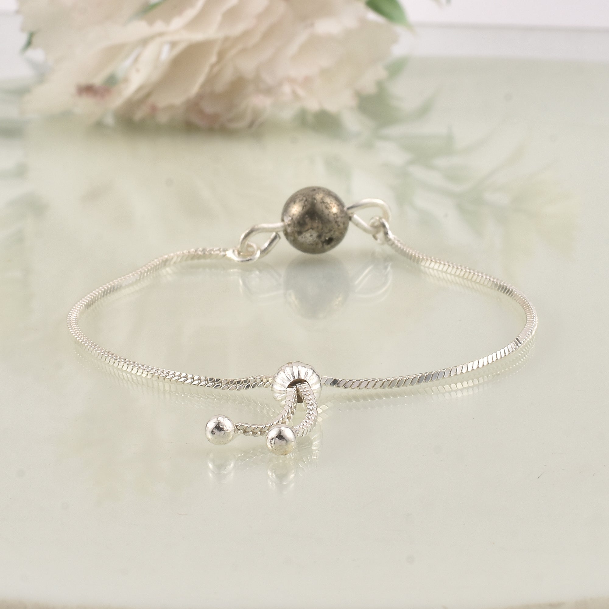 925 Sterling Silver Adjustable Single Pyrite Gemstone Slider Bracelet