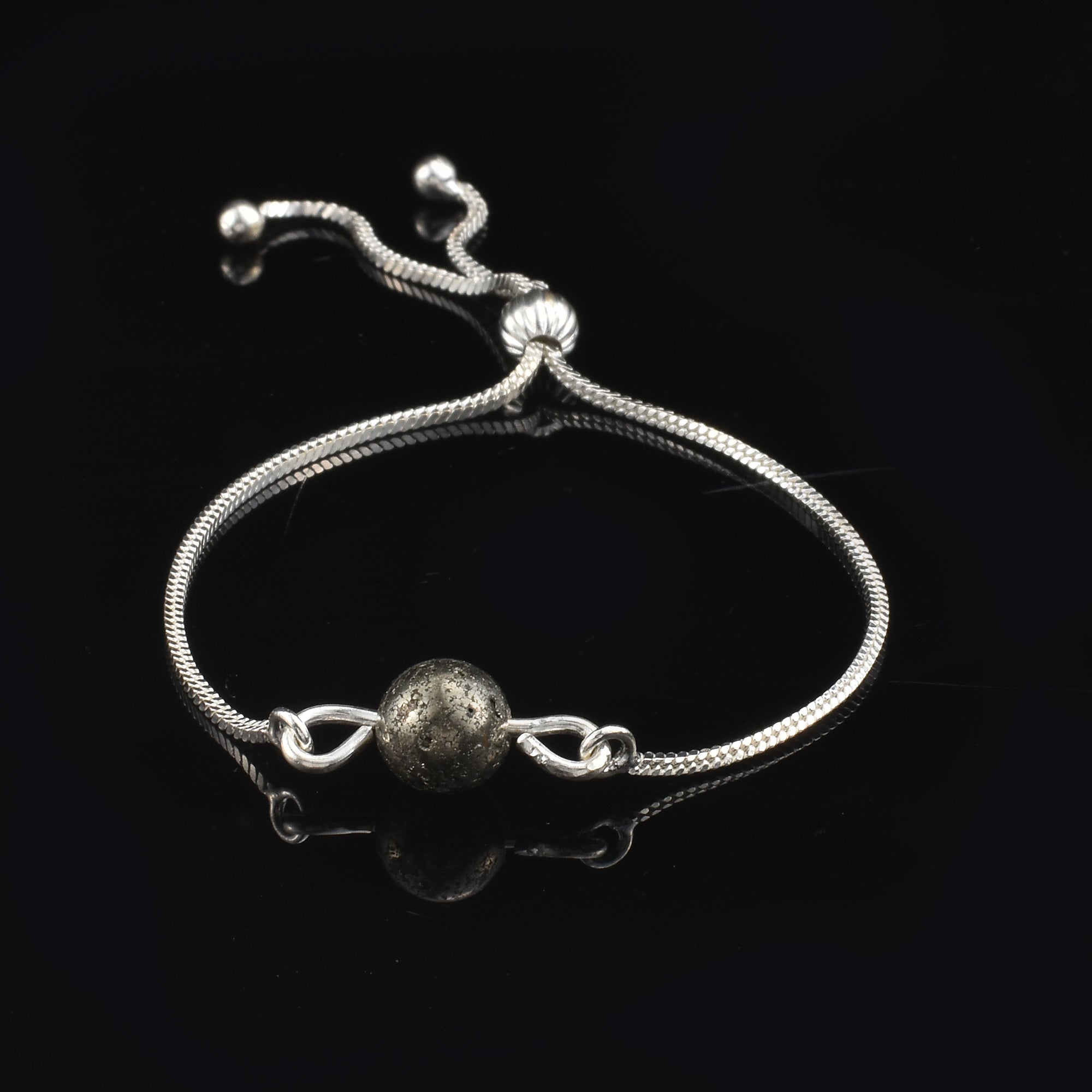 925 Sterling Silver Adjustable Single Pyrite Gemstone Slider Bracelet