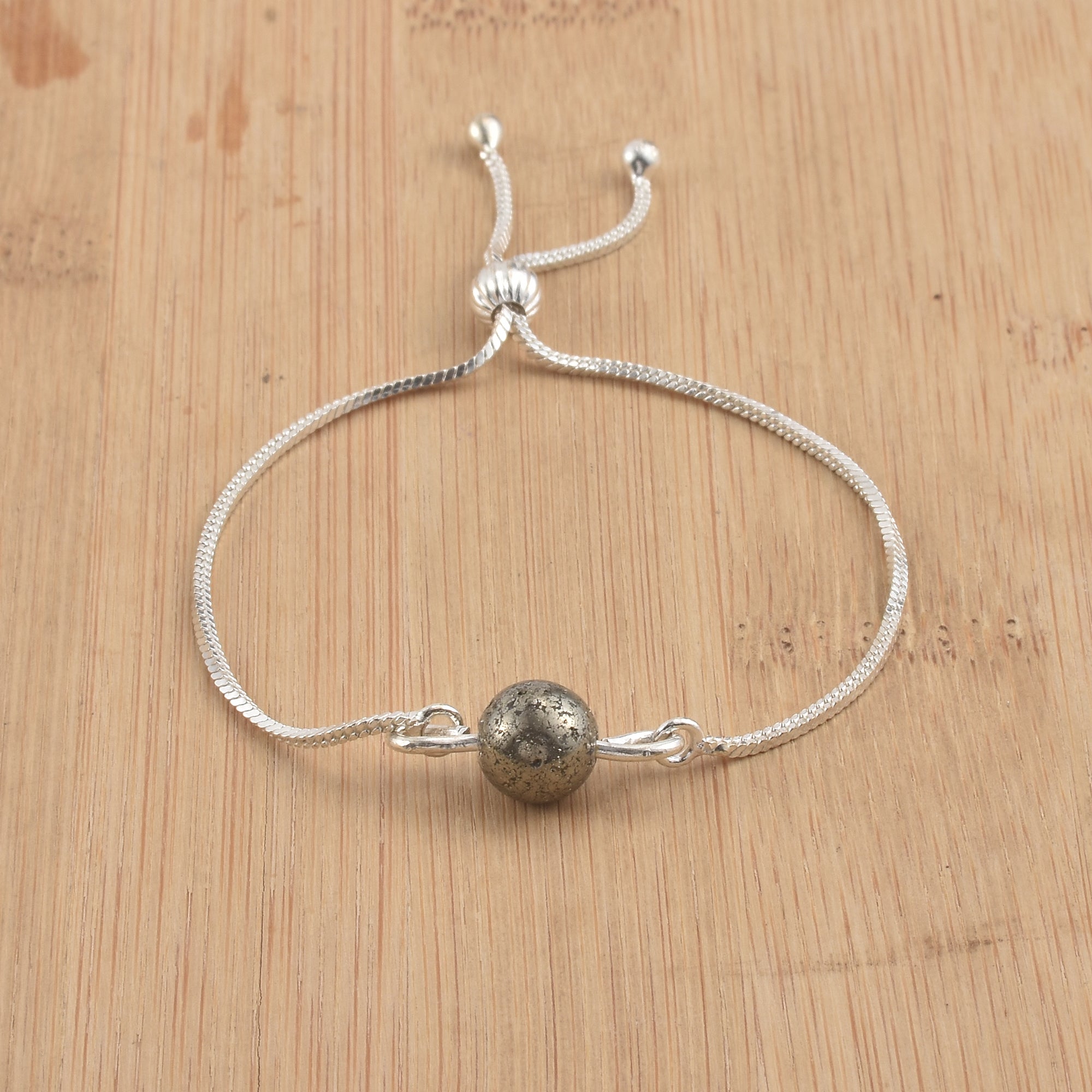 925 Sterling Silver Adjustable Single Pyrite Gemstone Slider Bracelet