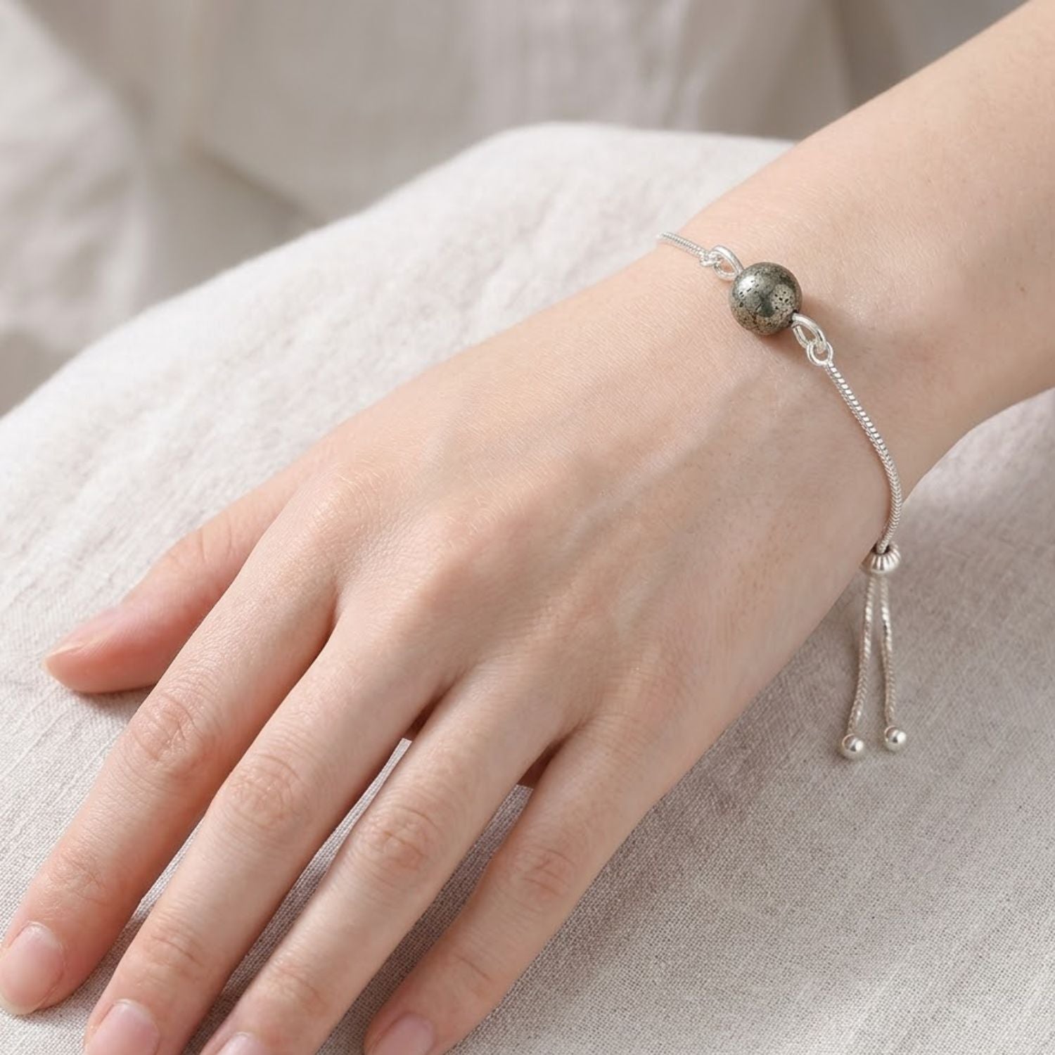 925 Sterling Silver Adjustable Single Pyrite Gemstone Slider Bracelet