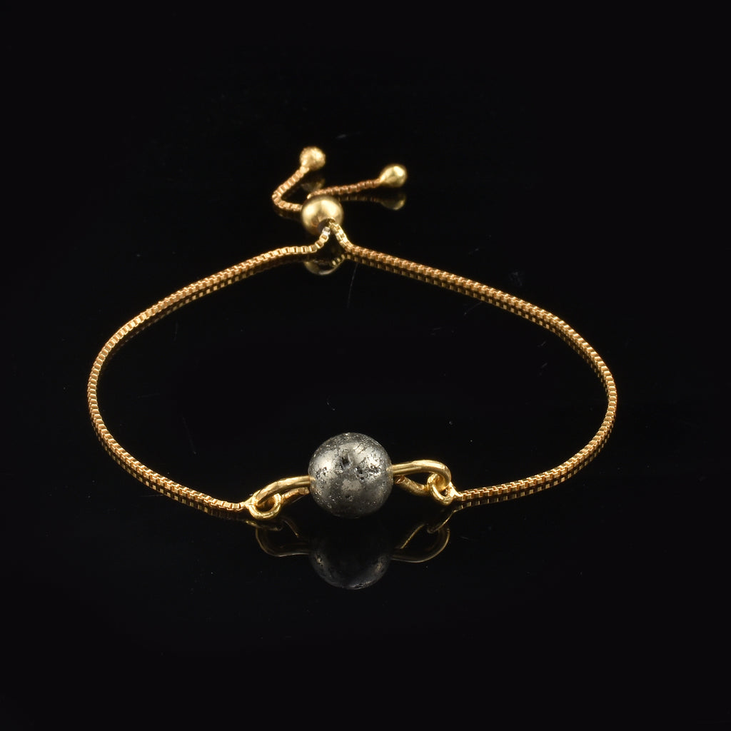 925 Sterling Silver Gold Plated Adjustable Single Pyrite Gemstone Slider Bracelet