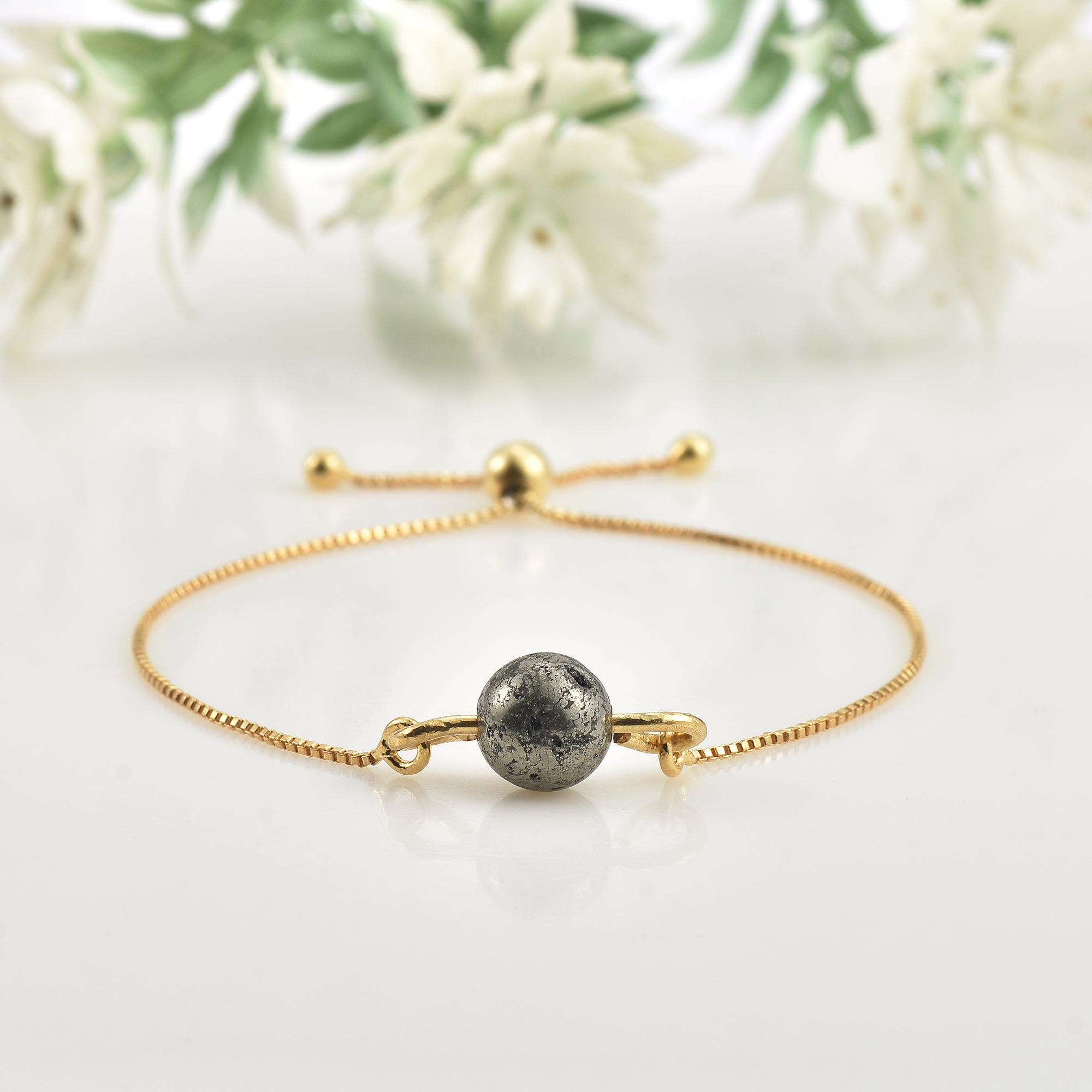 925 Sterling Silver Gold Plated Adjustable Single Pyrite Gemstone Slider Bracelet