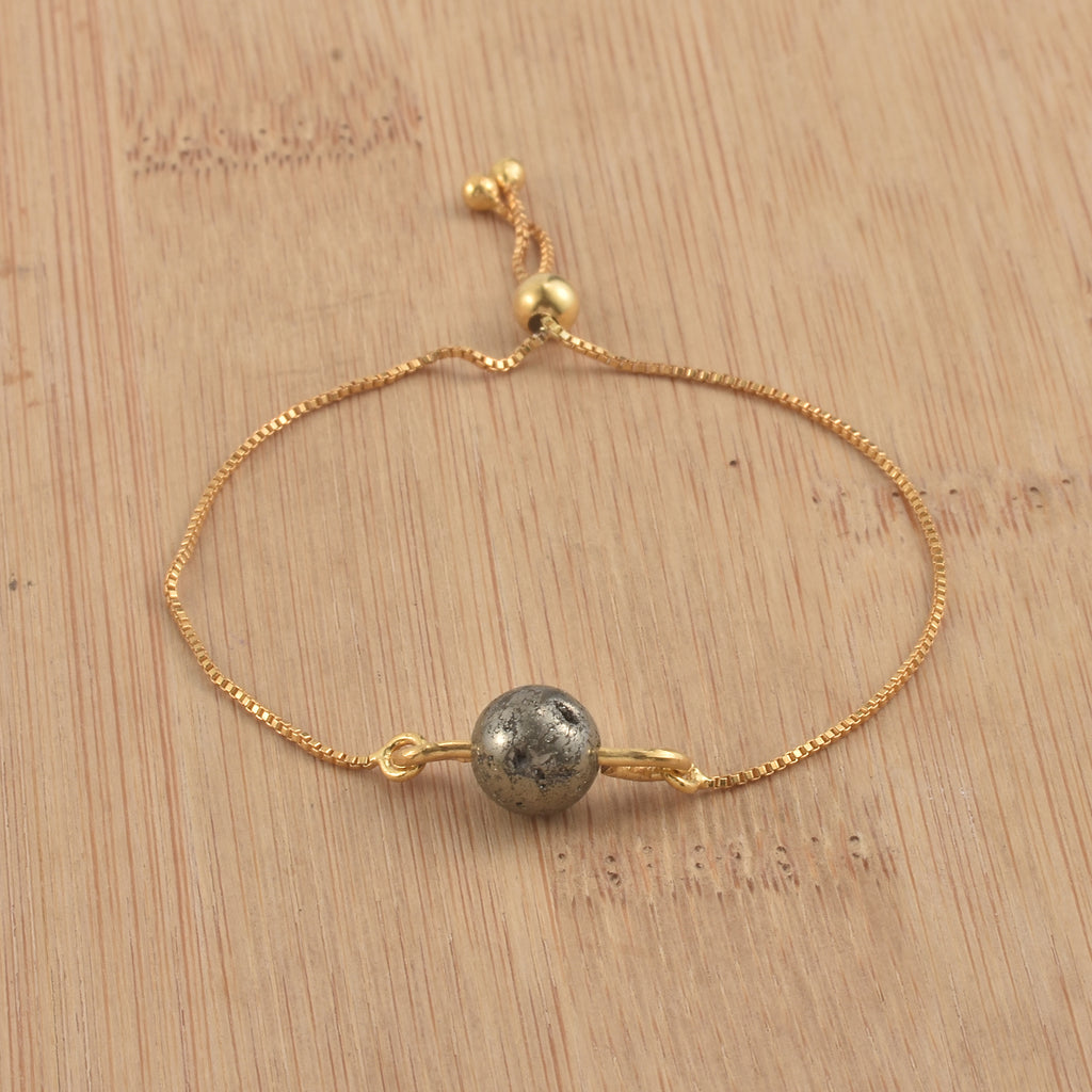 925 Sterling Silver Gold Plated Adjustable Single Pyrite Gemstone Slider Bracelet