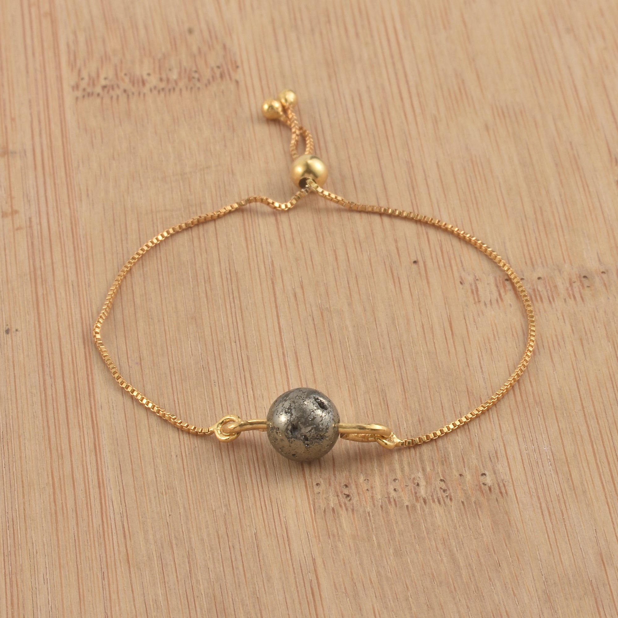 925 Sterling Silver Gold Plated Adjustable Single Pyrite Gemstone Slider Bracelet