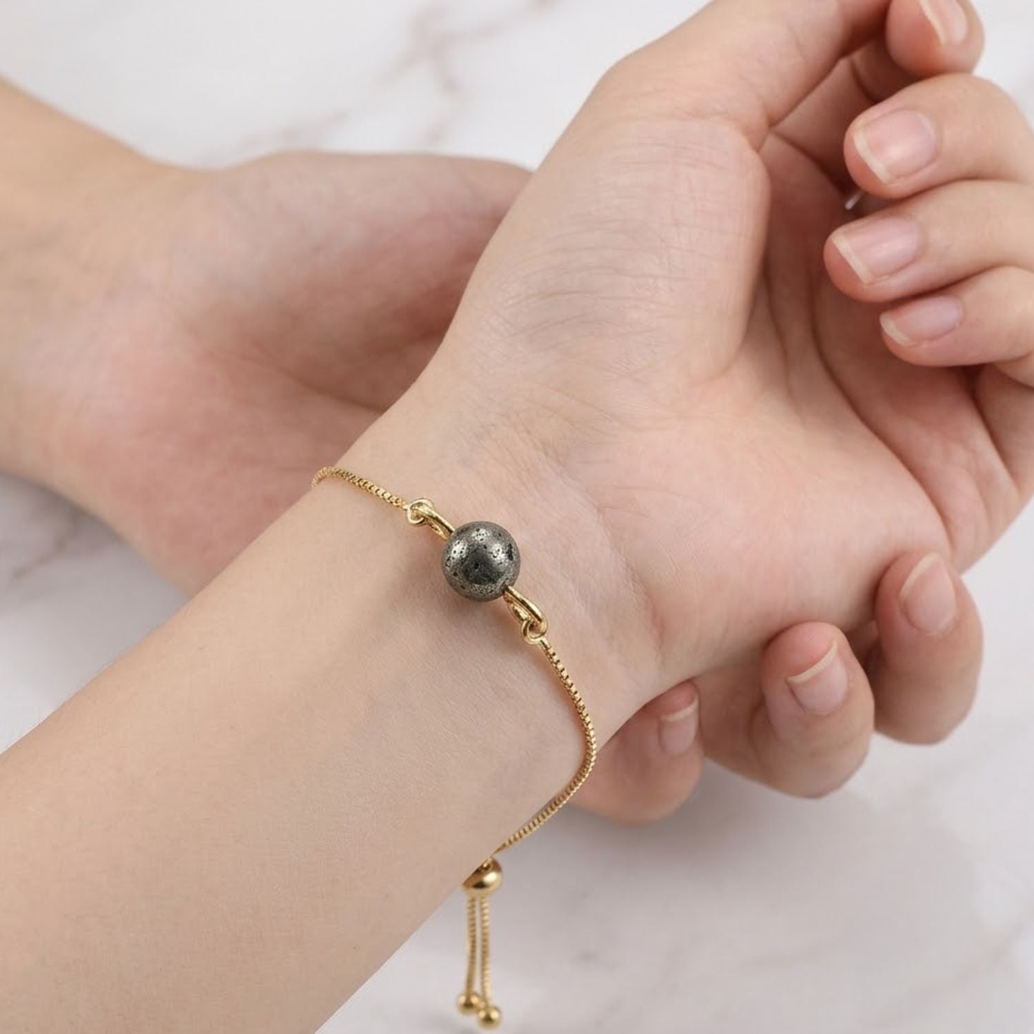 925 Sterling Silver Gold Plated Adjustable Single Pyrite Gemstone Slider Bracelet