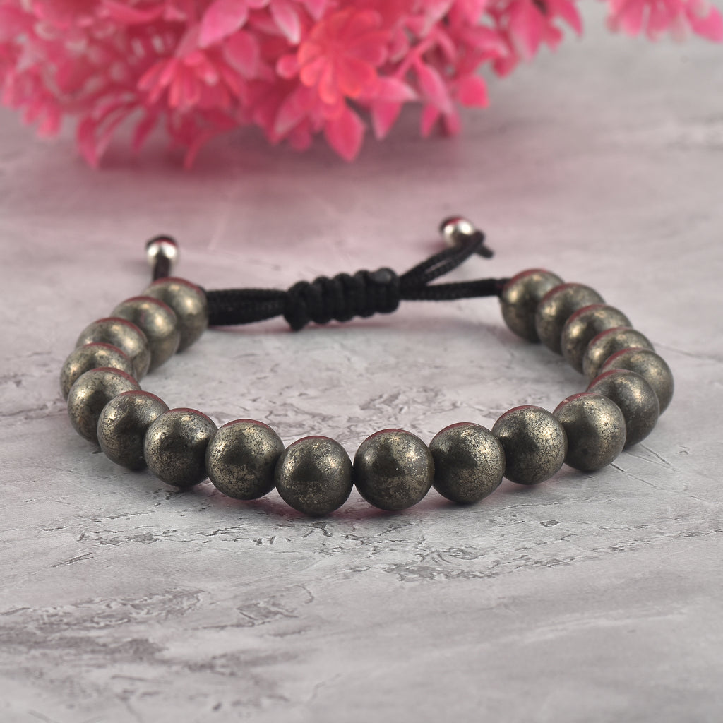 Adjustable Pyrite Gemstone Beaded Macrame Bracelet for Men & Women