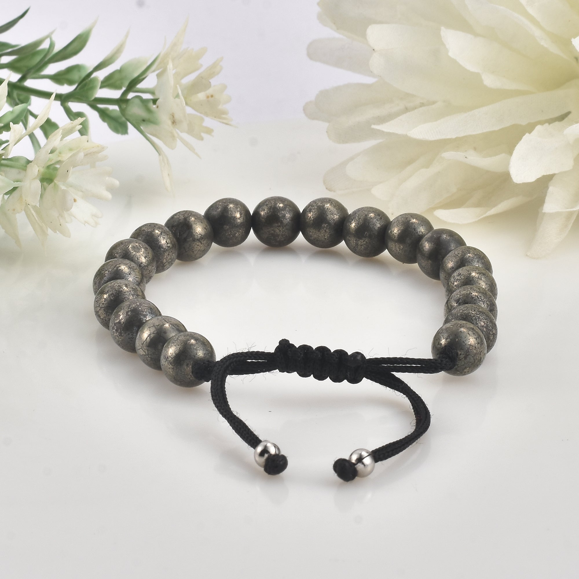 Adjustable Pyrite Gemstone Beaded Macrame Bracelet for Men & Women