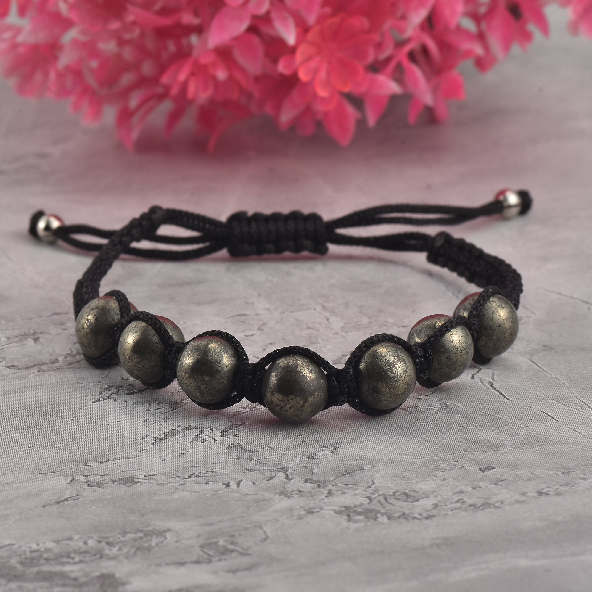 Adjustable Handwoven Pyrite Gemstone Shamballa Bracelet for Men & Women