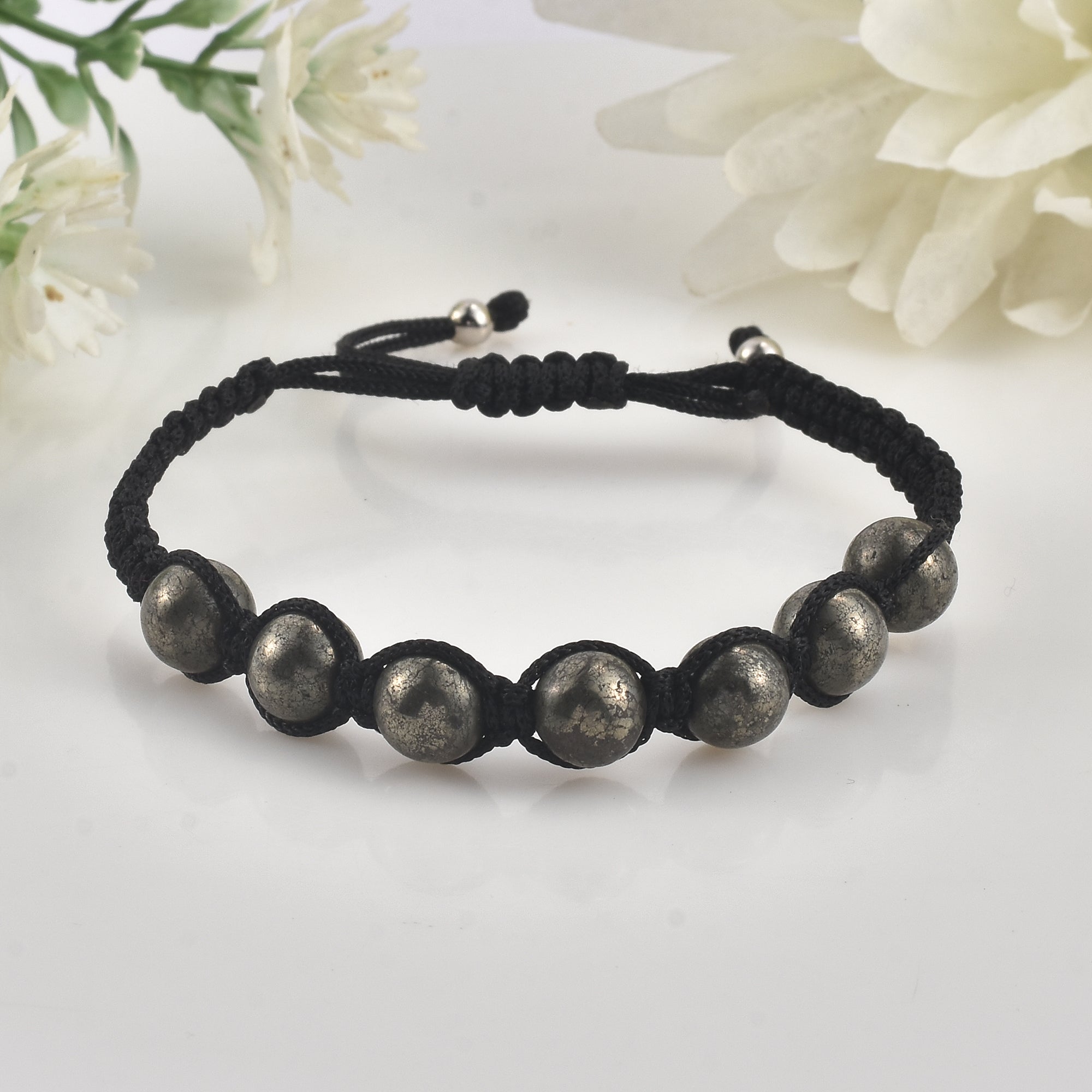Adjustable Handwoven Pyrite Gemstone Shamballa Bracelet for Men & Women