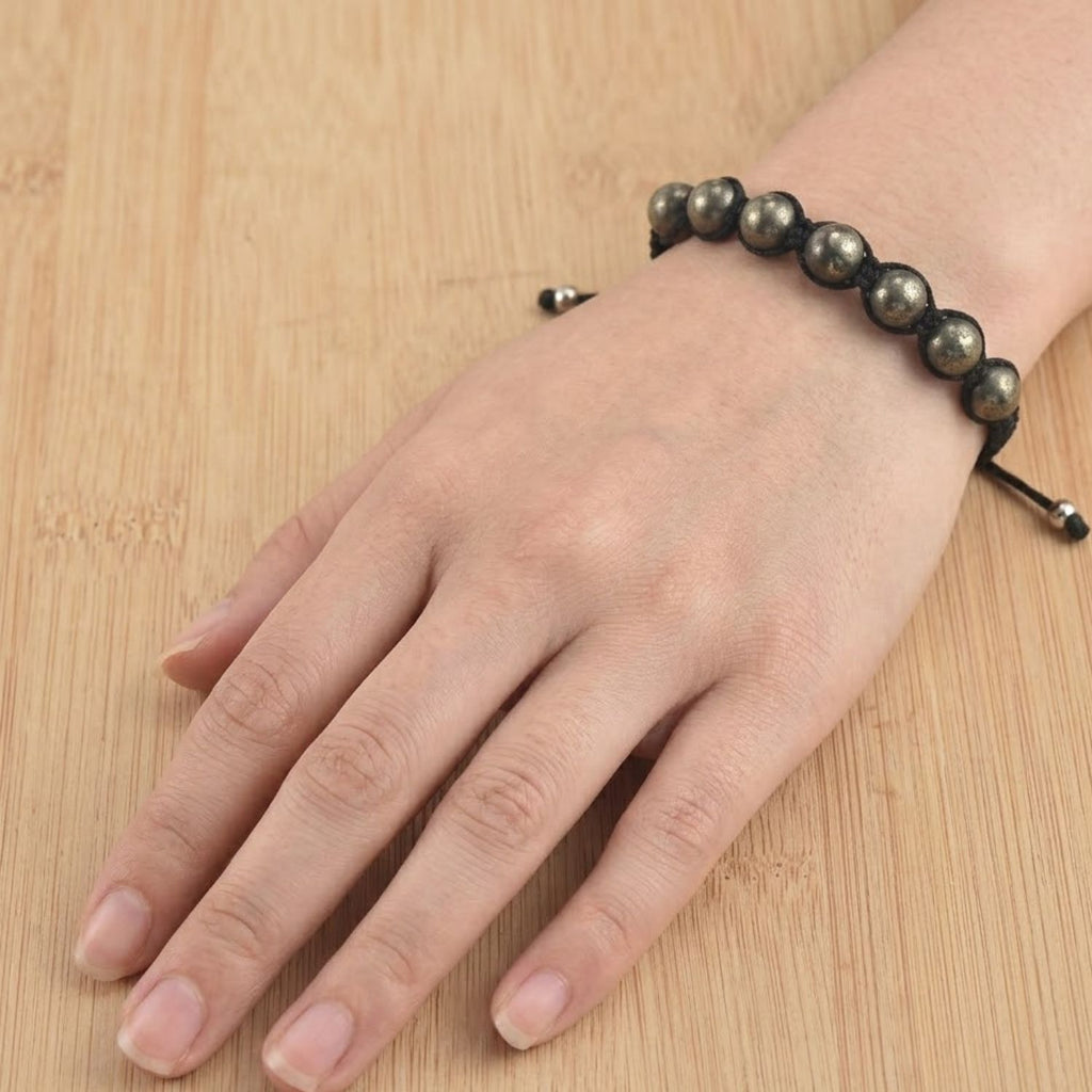 Adjustable Handwoven Pyrite Gemstone Shamballa Bracelet for Men & Women