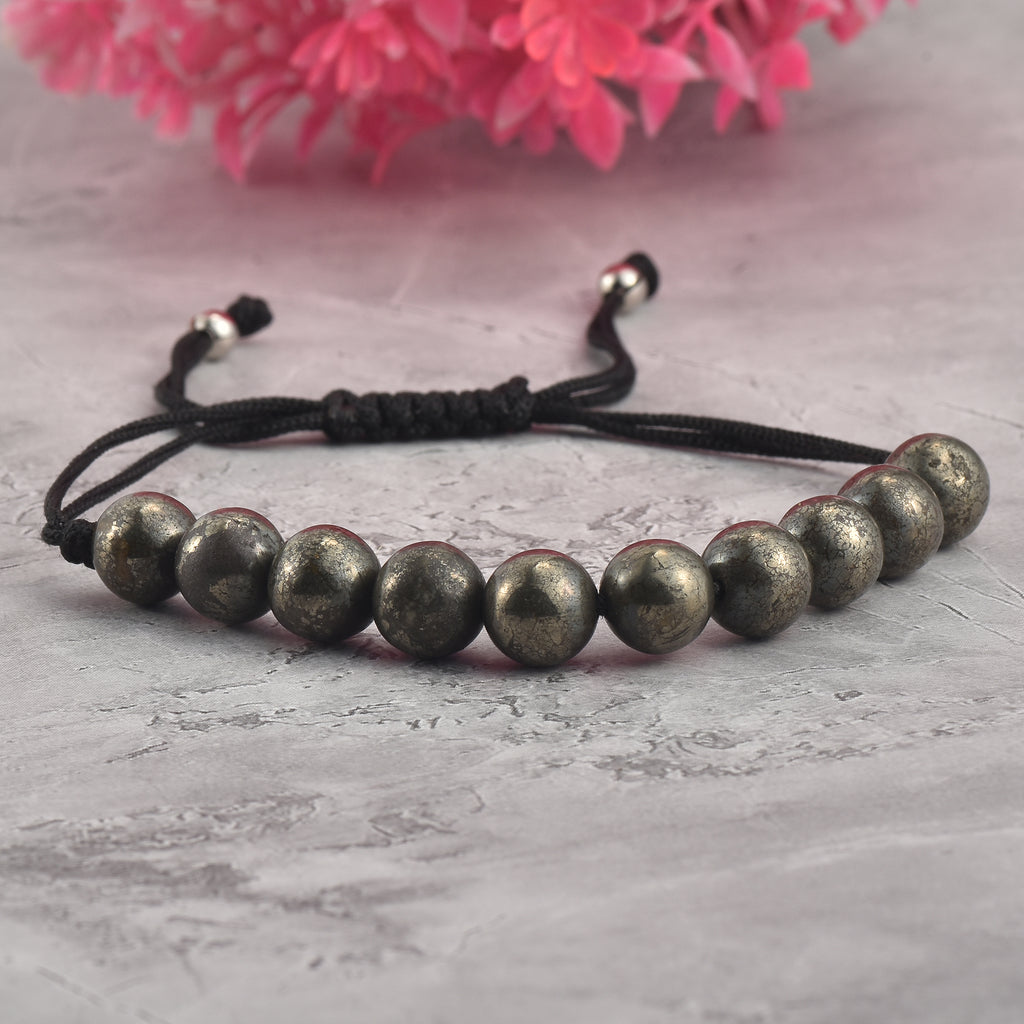 Adjustable Pyrite Gemstone Beaded Macrame Bracelet for Men & Women