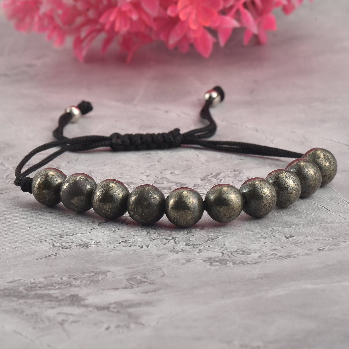 Adjustable Pyrite Sliding Knot Macrame Demifine  Bracelet