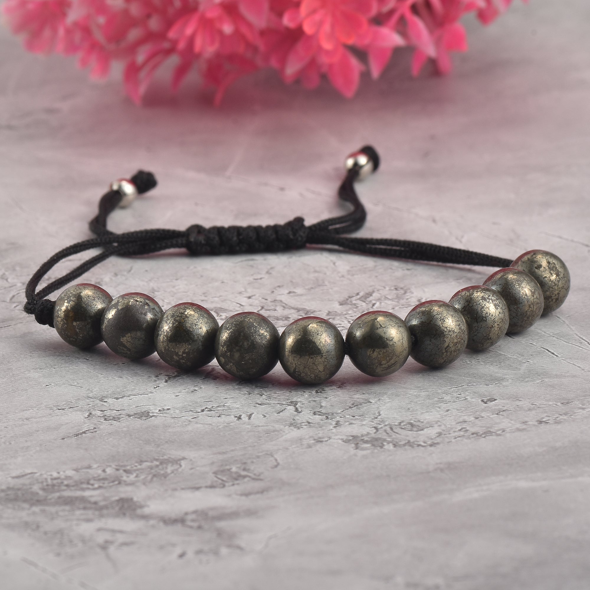 Adjustable Pyrite Gemstone Beaded Macrame Bracelet for Men & Women