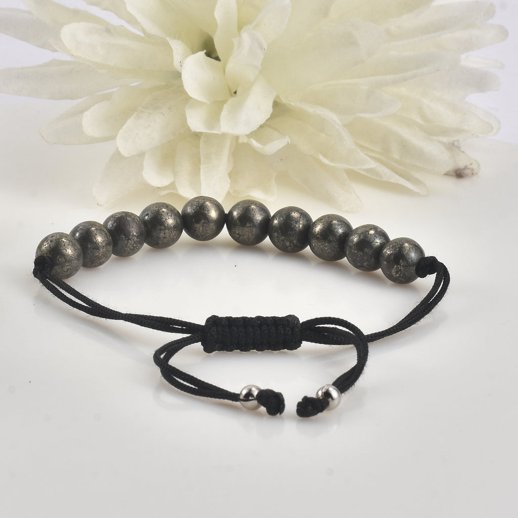 Adjustable Pyrite Gemstone Beaded Macrame Bracelet for Men & Women