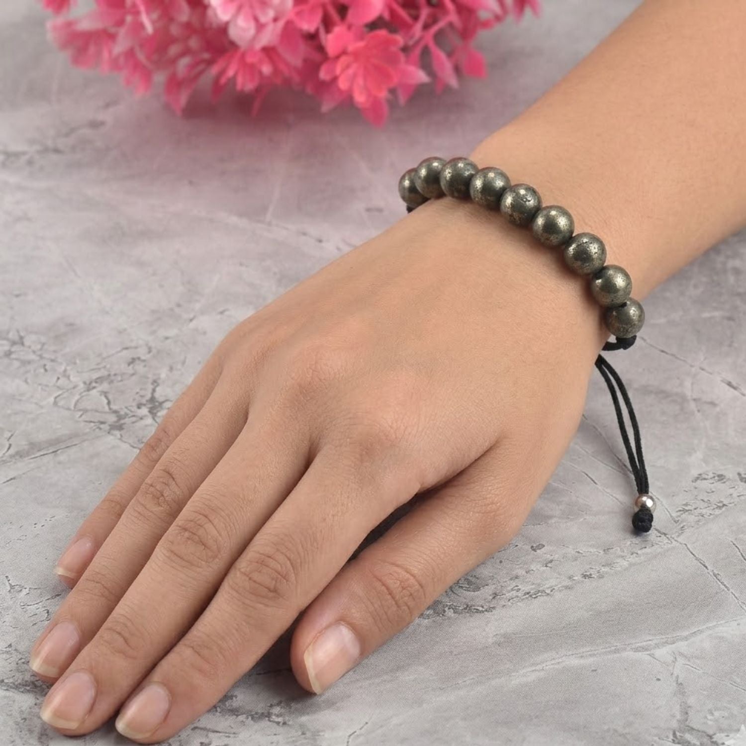 Adjustable Pyrite Gemstone Beaded Macrame Bracelet for Men & Women