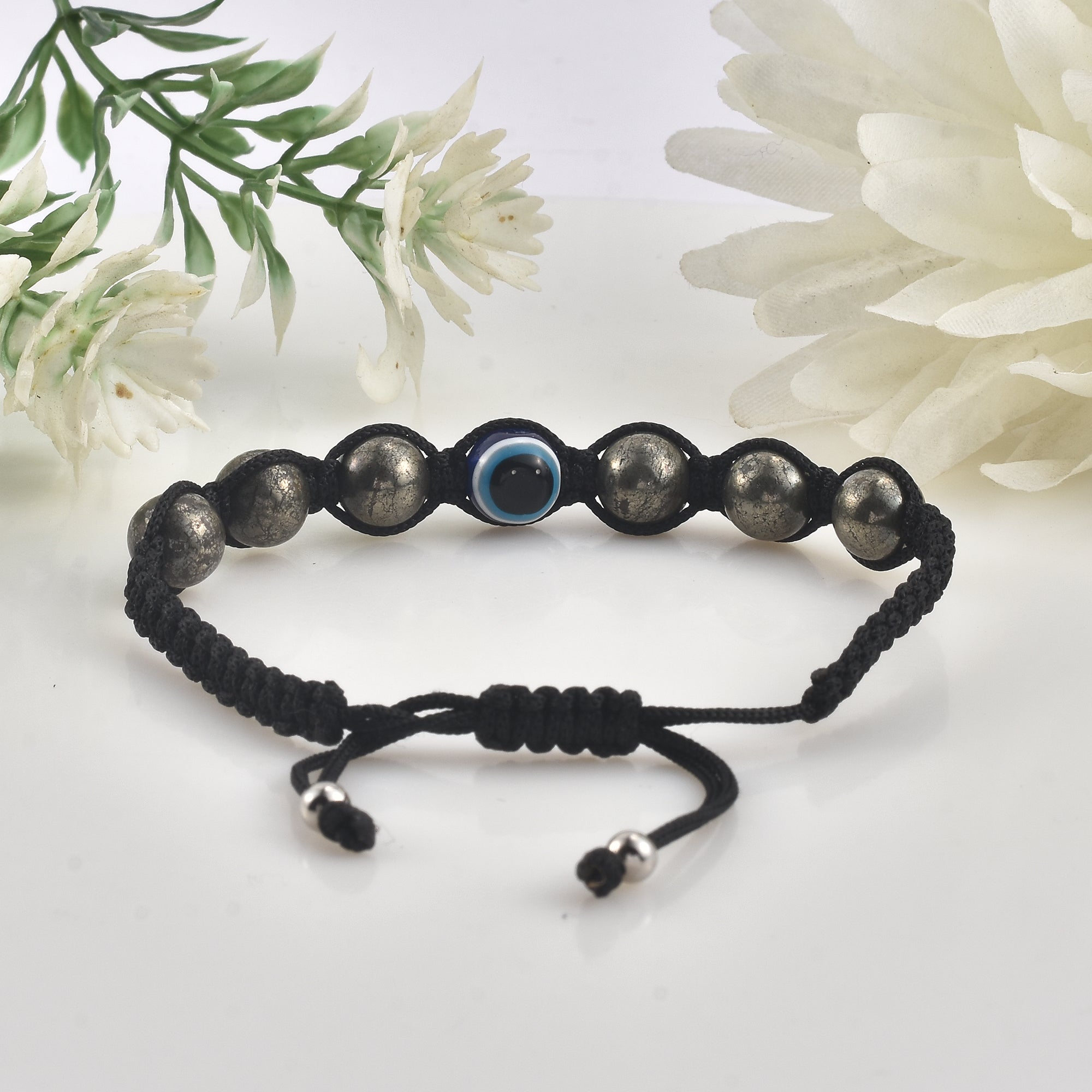 Adjustable Pyrite Gemstone Protection Evil Eye Shamballa Bracelet