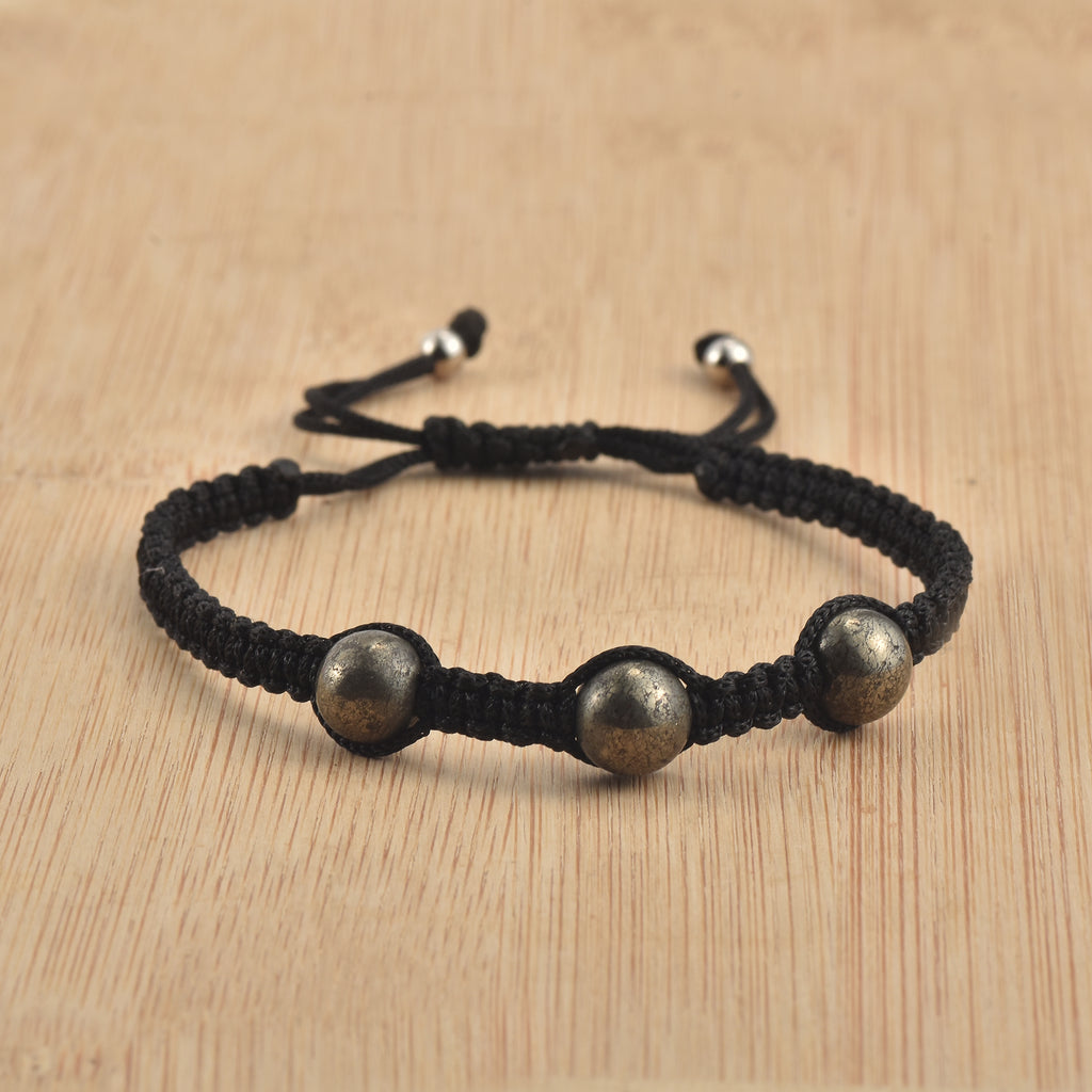 Adjustable Triple Pyrite Gemstone Macrame Shamballa Bracelet