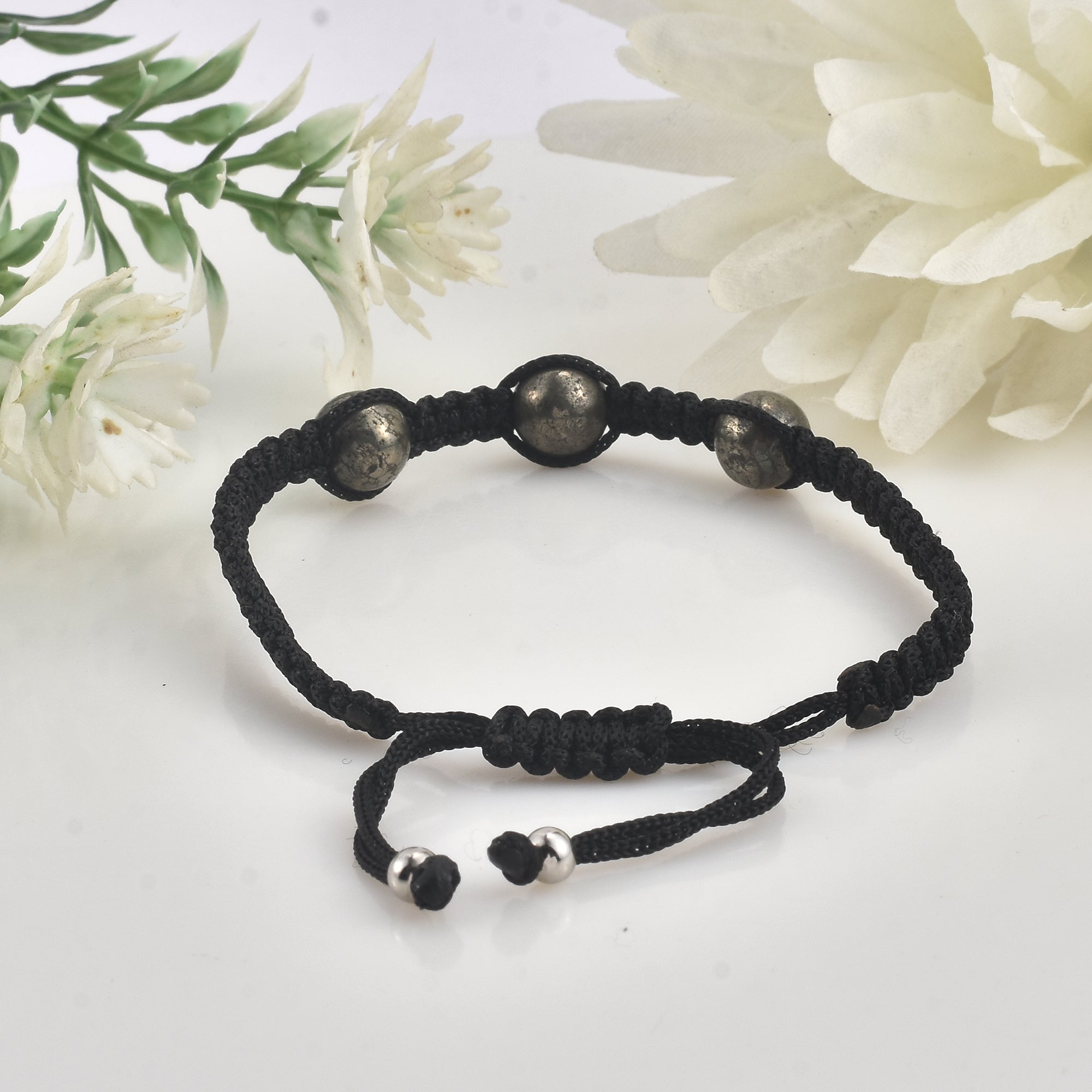 Adjustable Triple Pyrite Gemstone Macrame Shamballa Bracelet