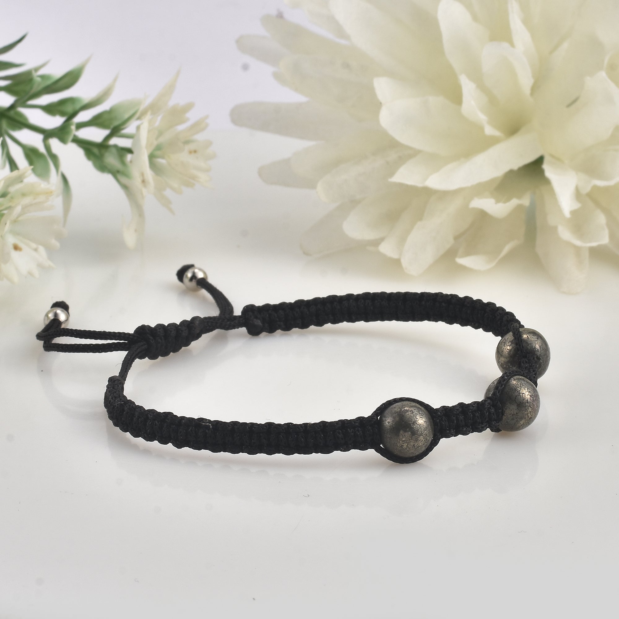 Adjustable Triple Pyrite Gemstone Macrame Shamballa Bracelet