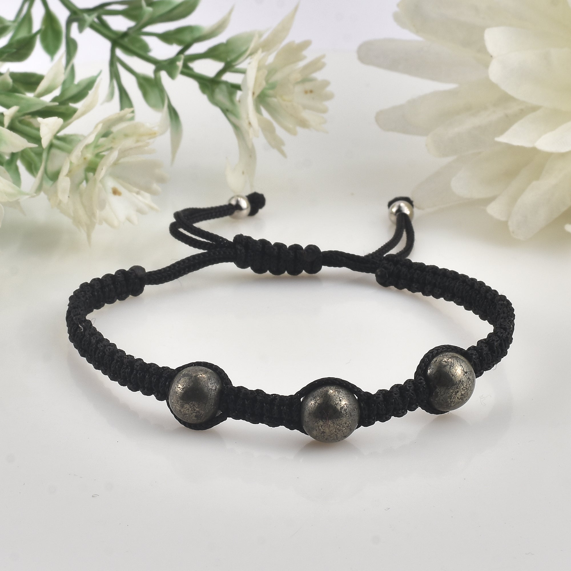 Adjustable Triple Pyrite Gemstone Macrame Shamballa Bracelet