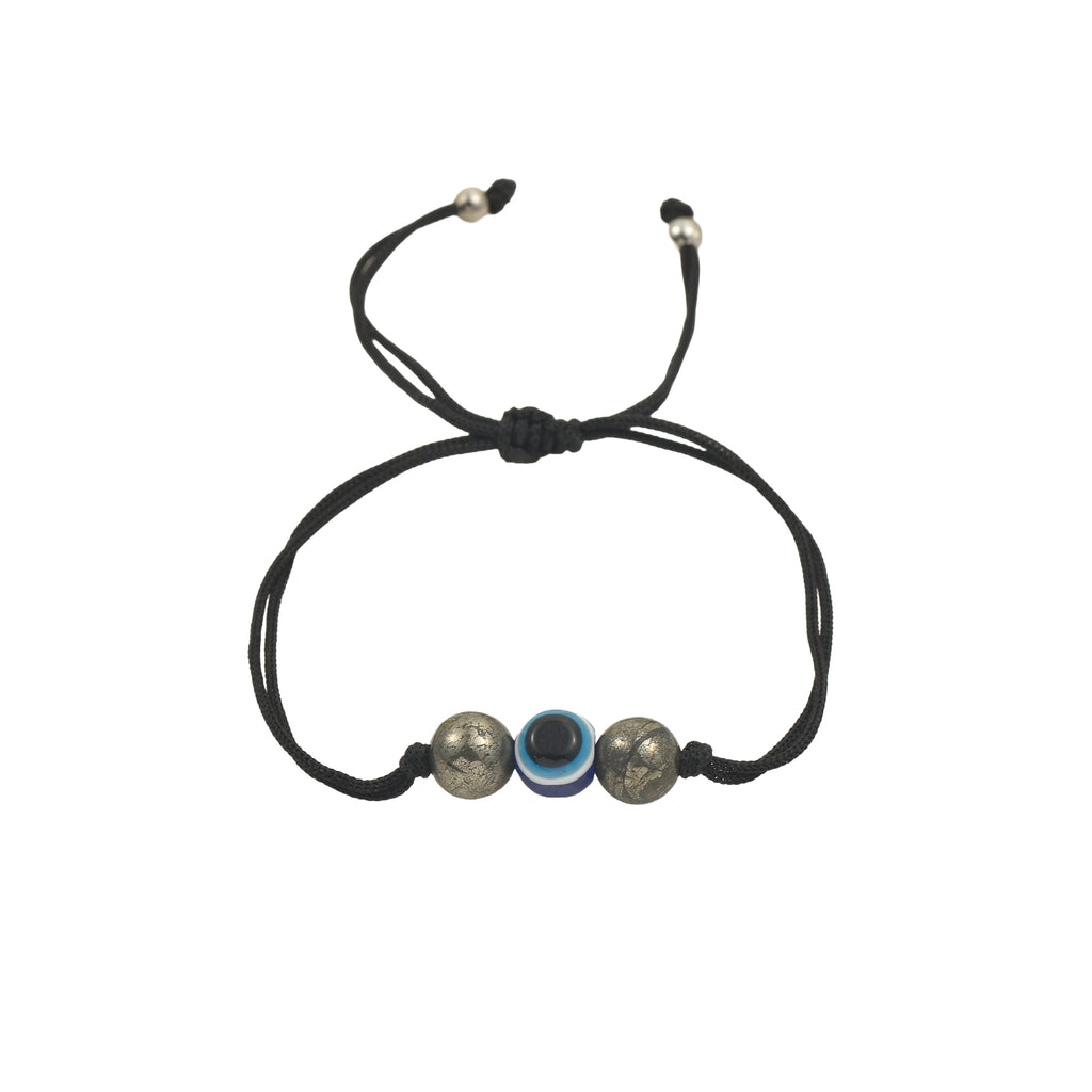 Adjustable Protection Evil Eye Cord Bracelet with Natural Pyrite Gemstones