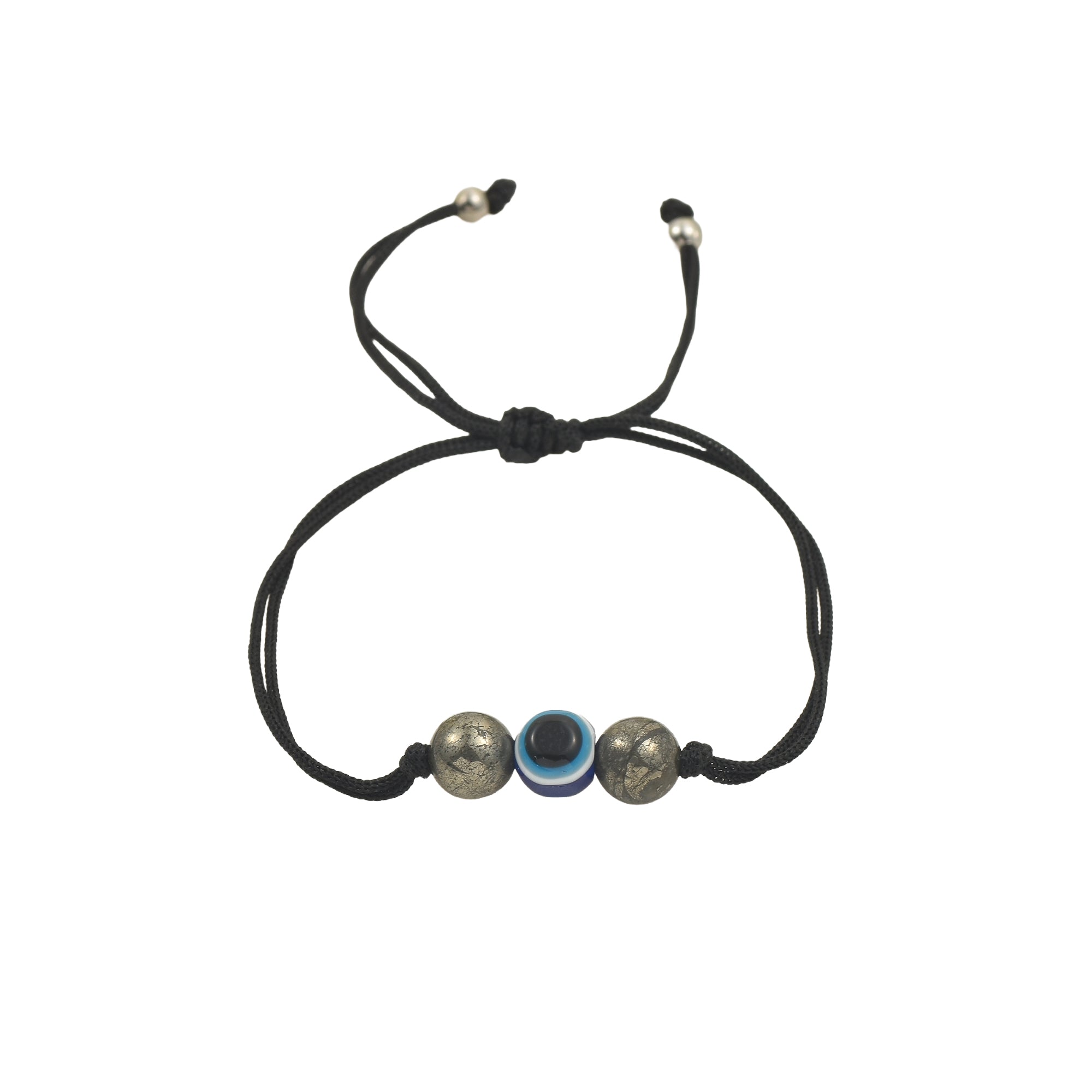 Adjustable Protection Evil Eye Cord Bracelet with Natural Pyrite Gemstones
