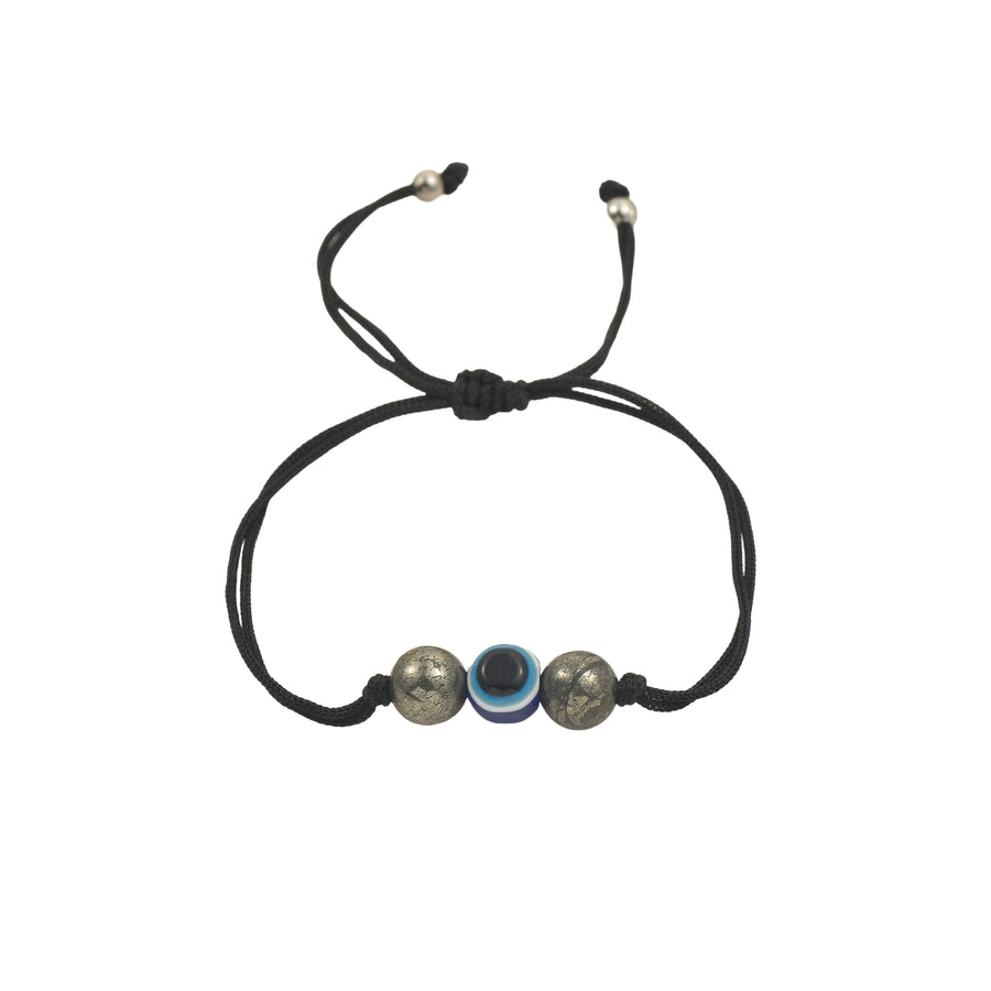 Evil Eye Cord Demifine Bracelet with Two Pyrite Beads