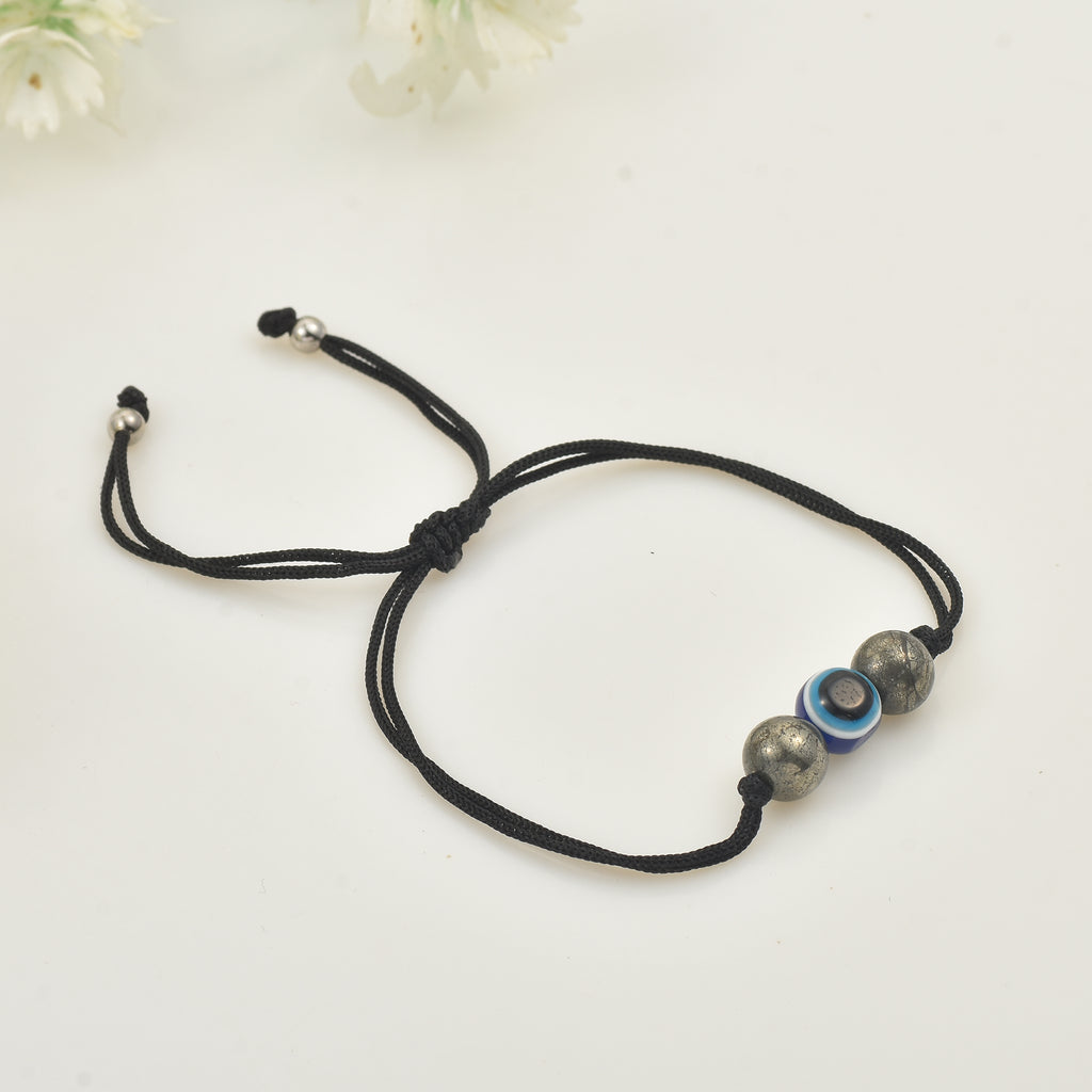 Adjustable Protection Evil Eye Cord Bracelet with Natural Pyrite Gemstones