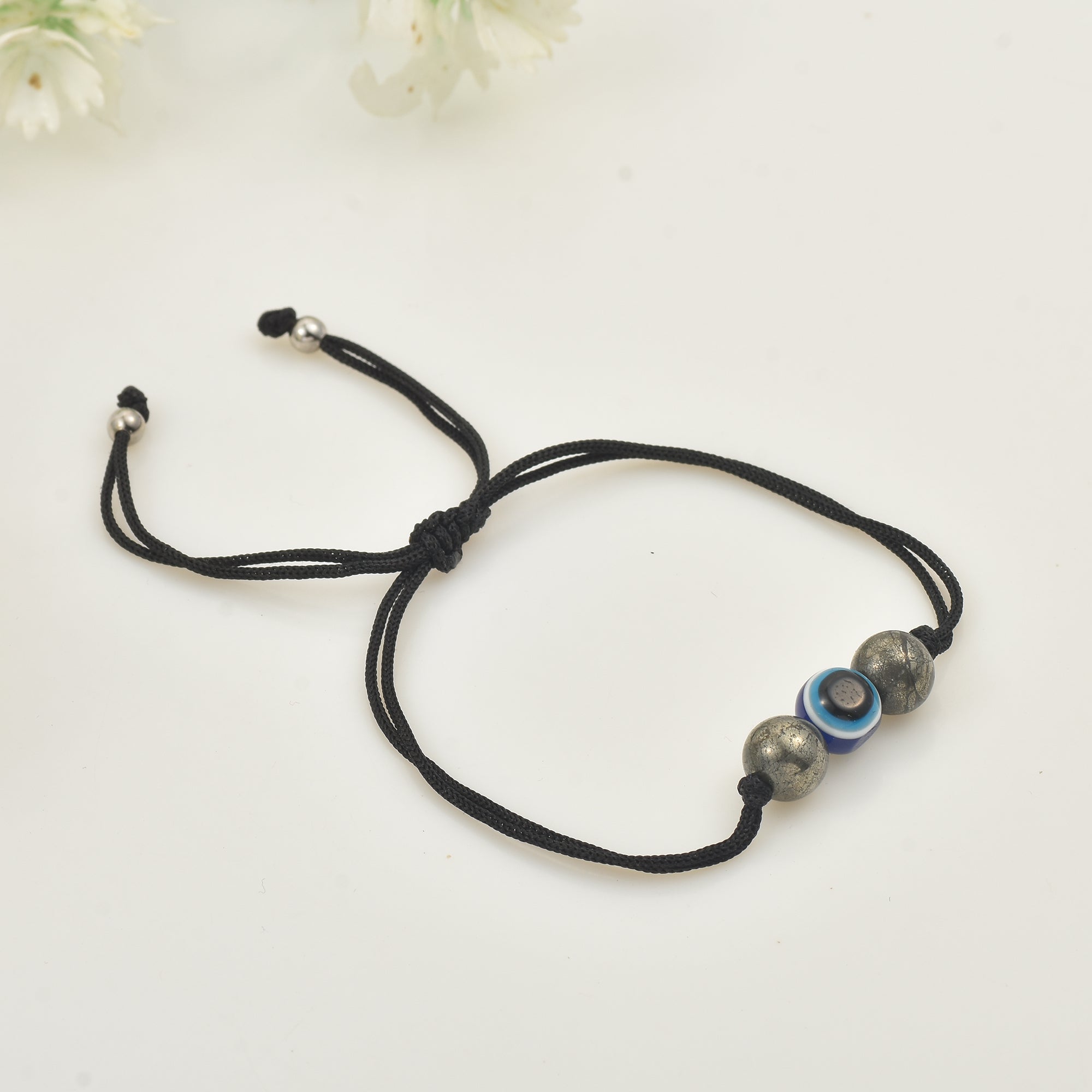 Adjustable Protection Evil Eye Cord Bracelet with Natural Pyrite Gemstones