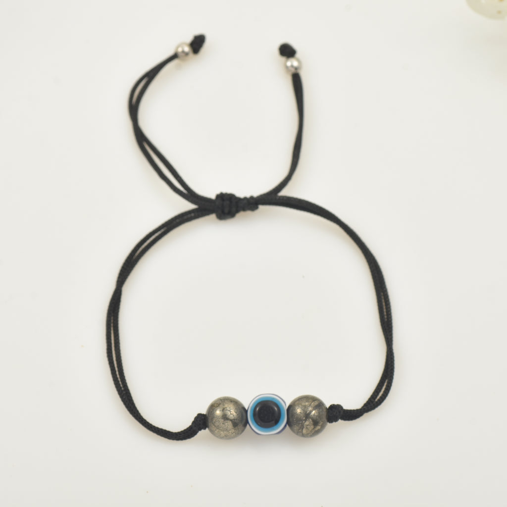 Adjustable Protection Evil Eye Cord Bracelet with Natural Pyrite Gemstones
