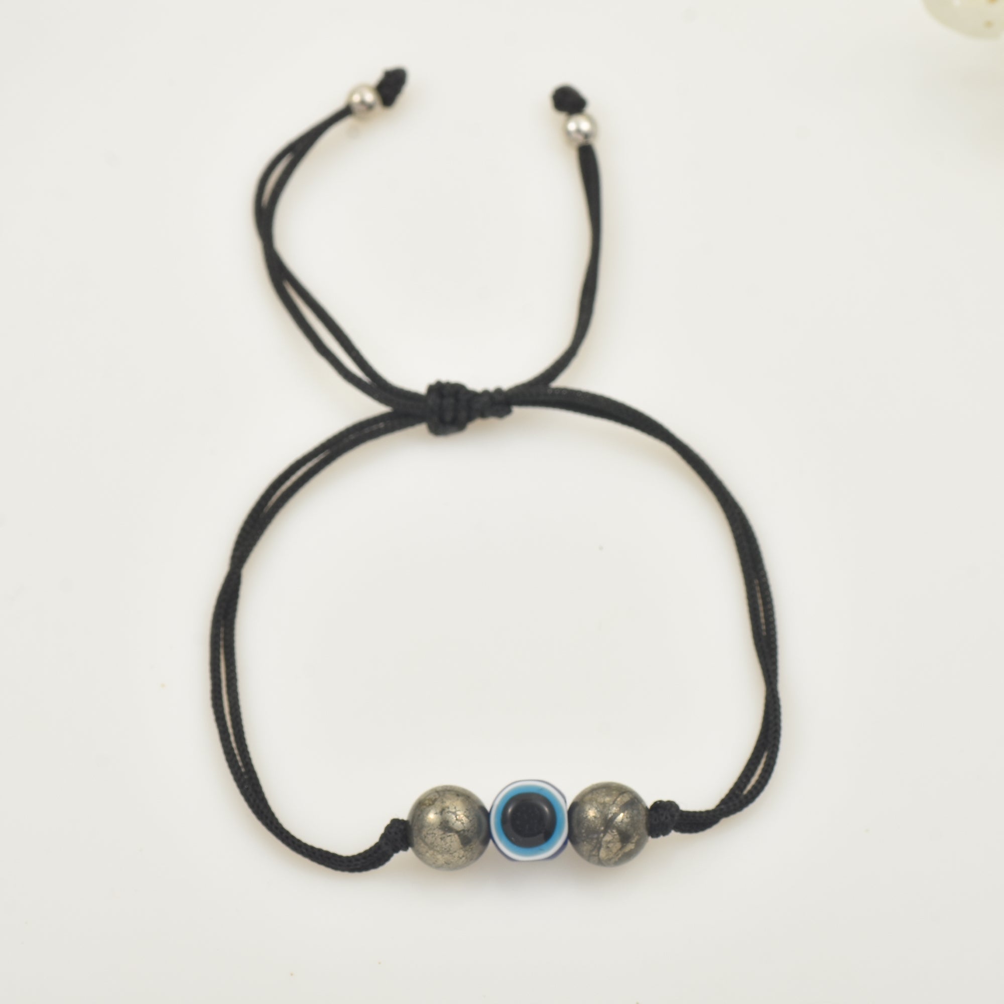 Adjustable Protection Evil Eye Cord Bracelet with Natural Pyrite Gemstones