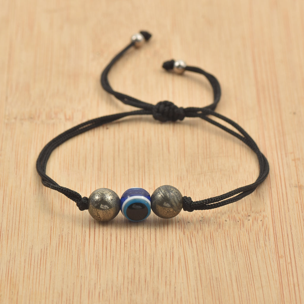 Adjustable Protection Evil Eye Cord Bracelet with Natural Pyrite Gemstones