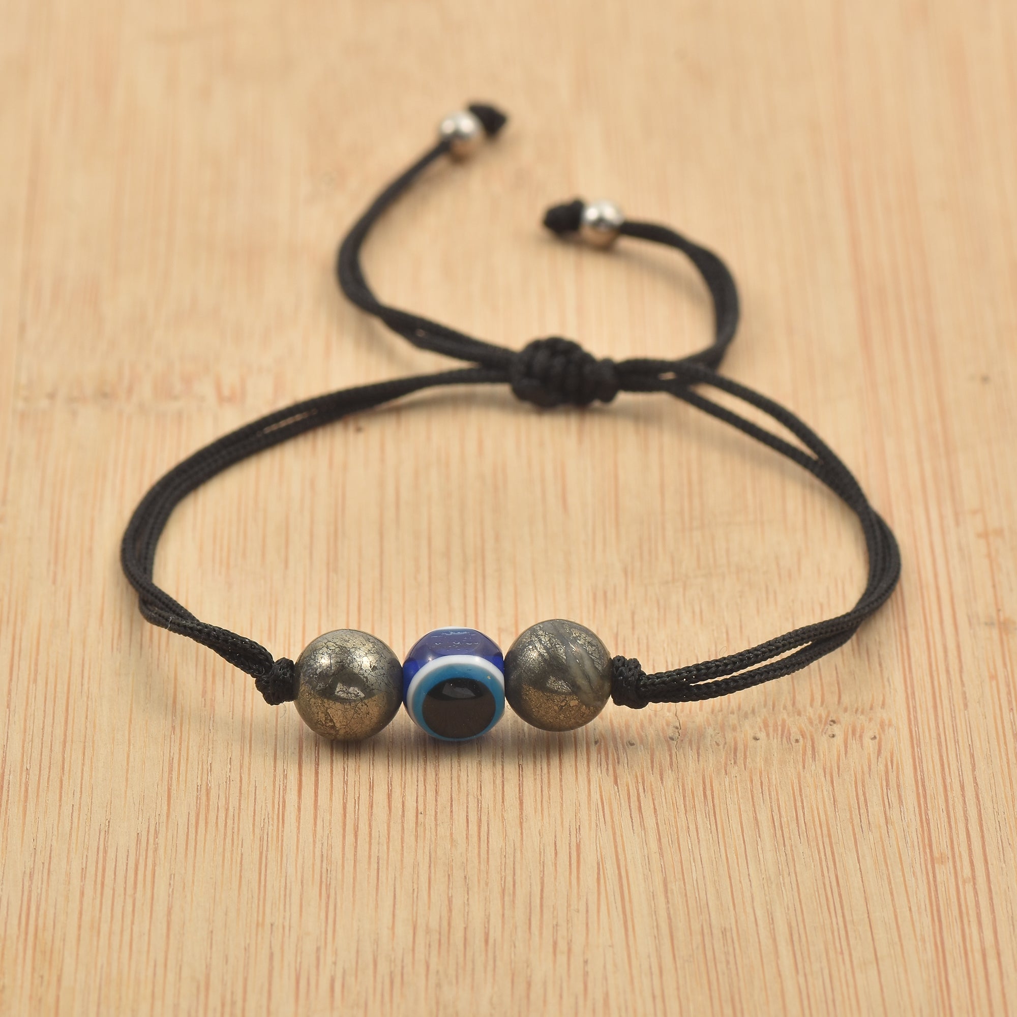 Adjustable Protection Evil Eye Cord Bracelet with Natural Pyrite Gemstones